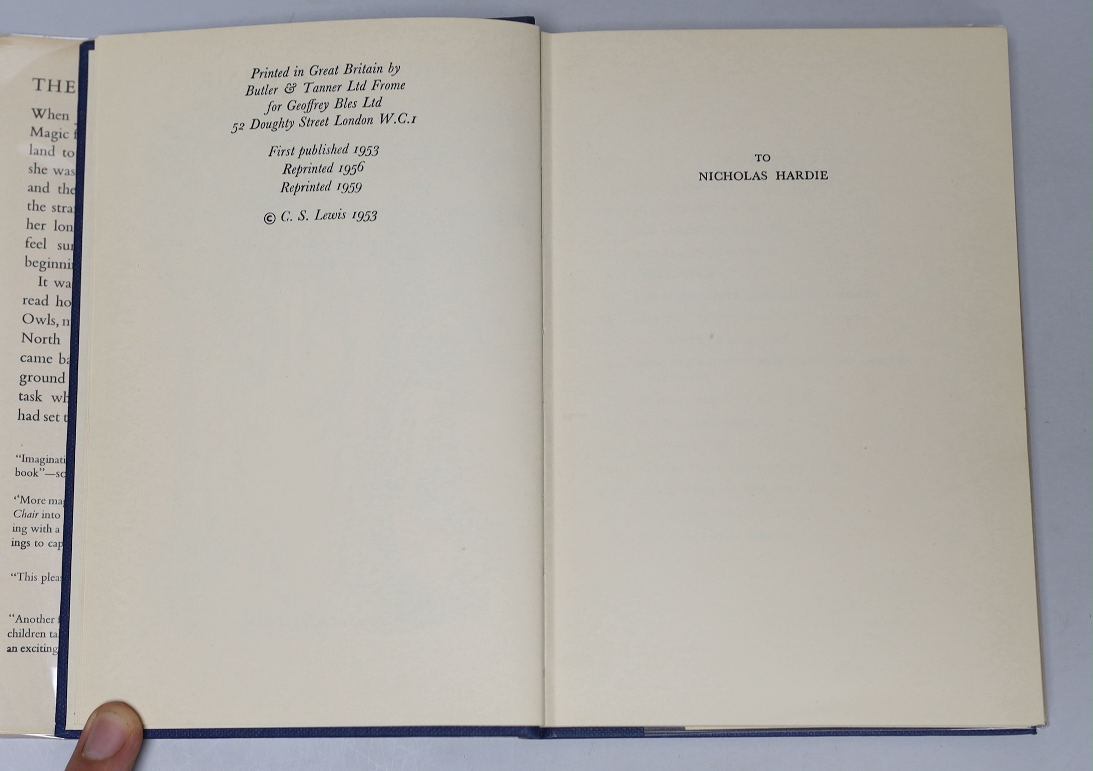 Lewis, C.S - The Silver Chair, 3rd printing, 8vo, cloth in unclipped d/j, Geoffrey Bles, London, 1959